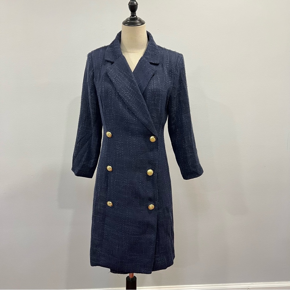 Alexia Admor Navy Textured Buttoned Tuxedo Blazer Long Sleeves Dress - Reemoly